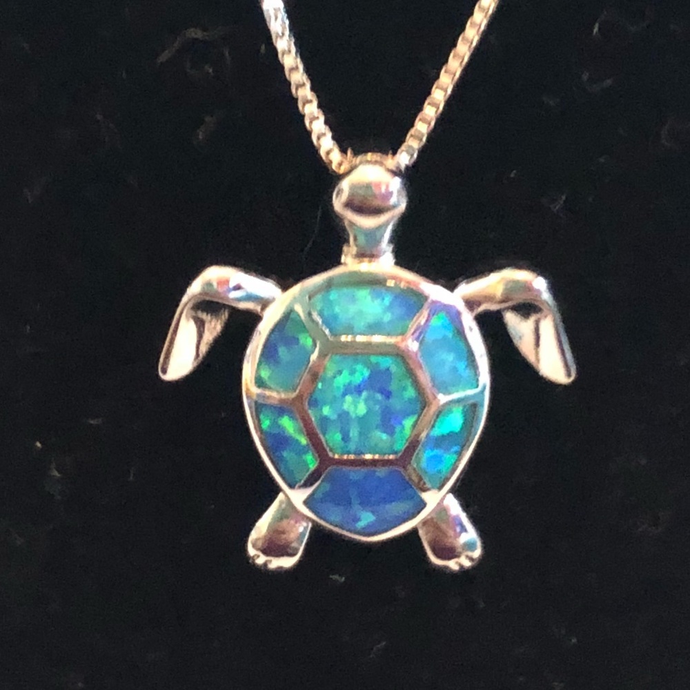 Turtle Sterling Silver Blue Fire Opal Necklace